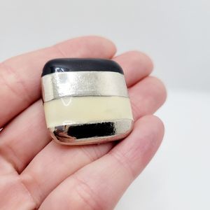 Retro Mid-Century Square Striped Pin Silver Black Ivory Enamel